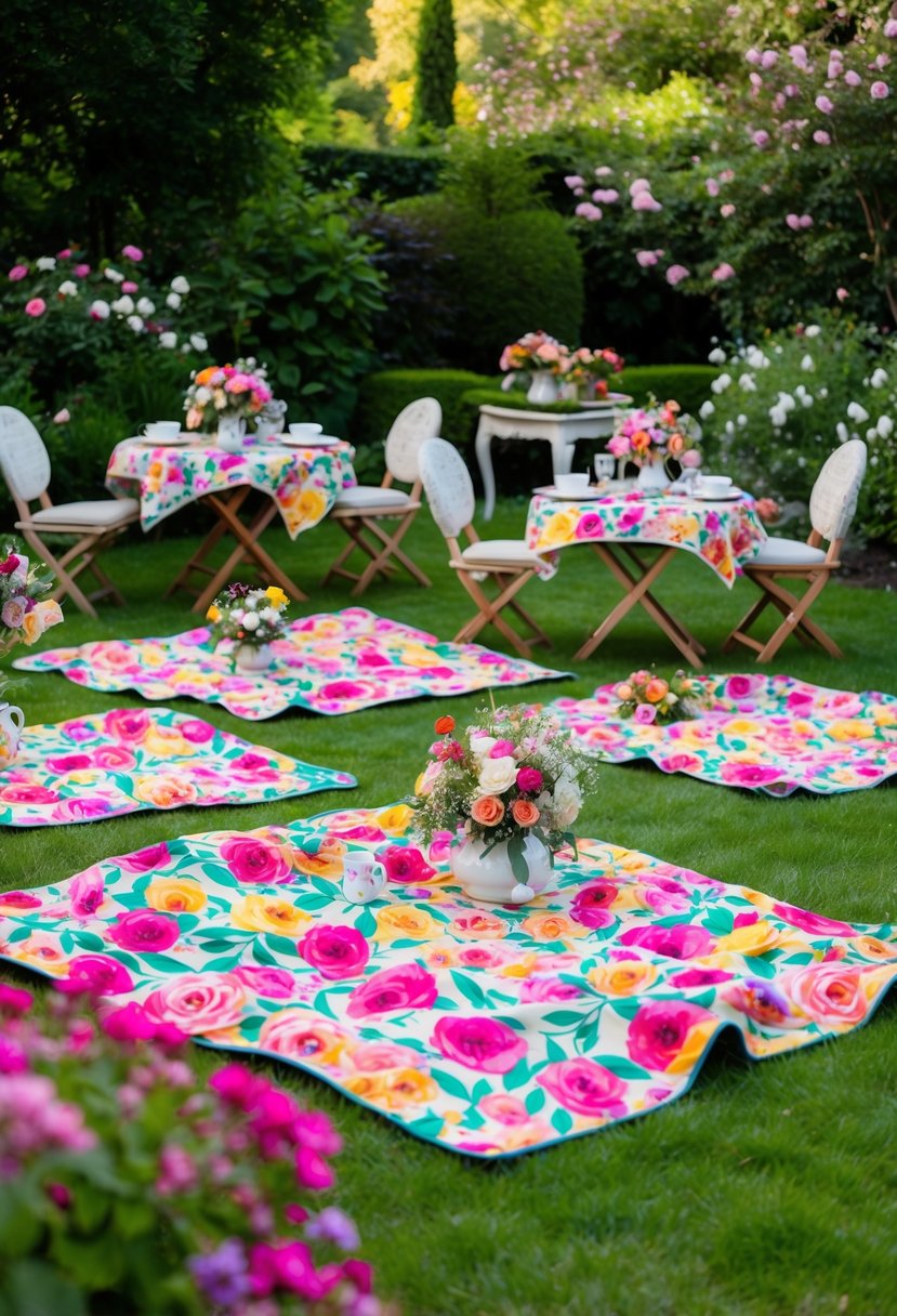 Colorful floral print picnic blankets spread out in a lush garden, surrounded by blooming flowers and greenery. Tables adorned with floral centerpieces and tea sets create a charming and inviting atmosphere