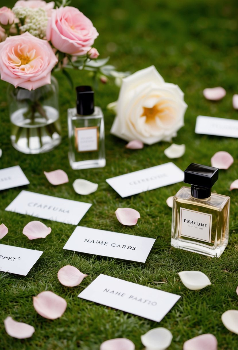 Rose petals scattered around name cards at a garden party, with perfume bottles and floral decorations