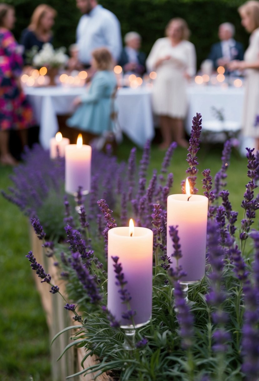 A garden party with lavender scented candles creating a serene and fragrant atmosphere