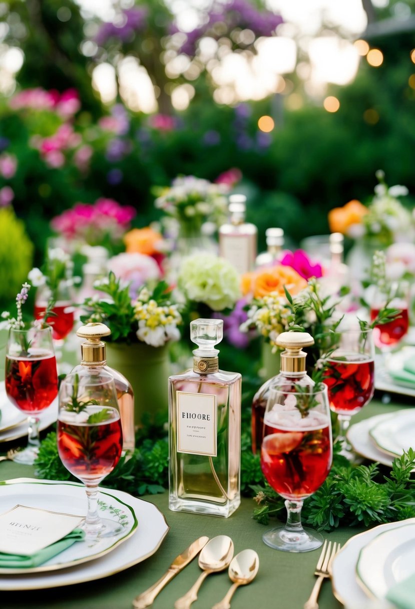 A garden party with mint julep cocktails, adorned with perfume bottles as centerpieces, surrounded by blooming flowers and greenery