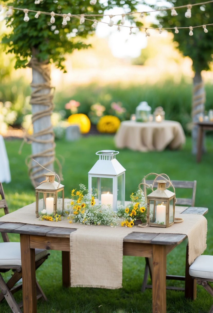 A charming garden setting with burlap tablecloths, wildflowers, and vintage lanterns. Rustic wooden signs and twine accents complete the theme