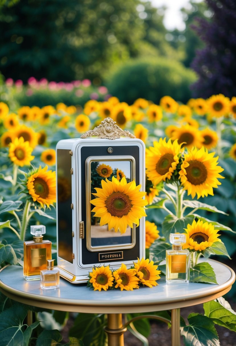 A sunflower-filled garden with a vintage photo booth, surrounded by perfume bottles and floral decor