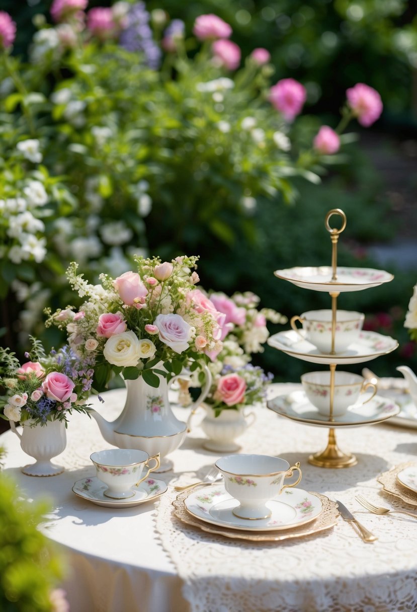 A charming garden setting with a vintage tea party theme. Delicate floral arrangements, lace tablecloths, and elegant teacups on display