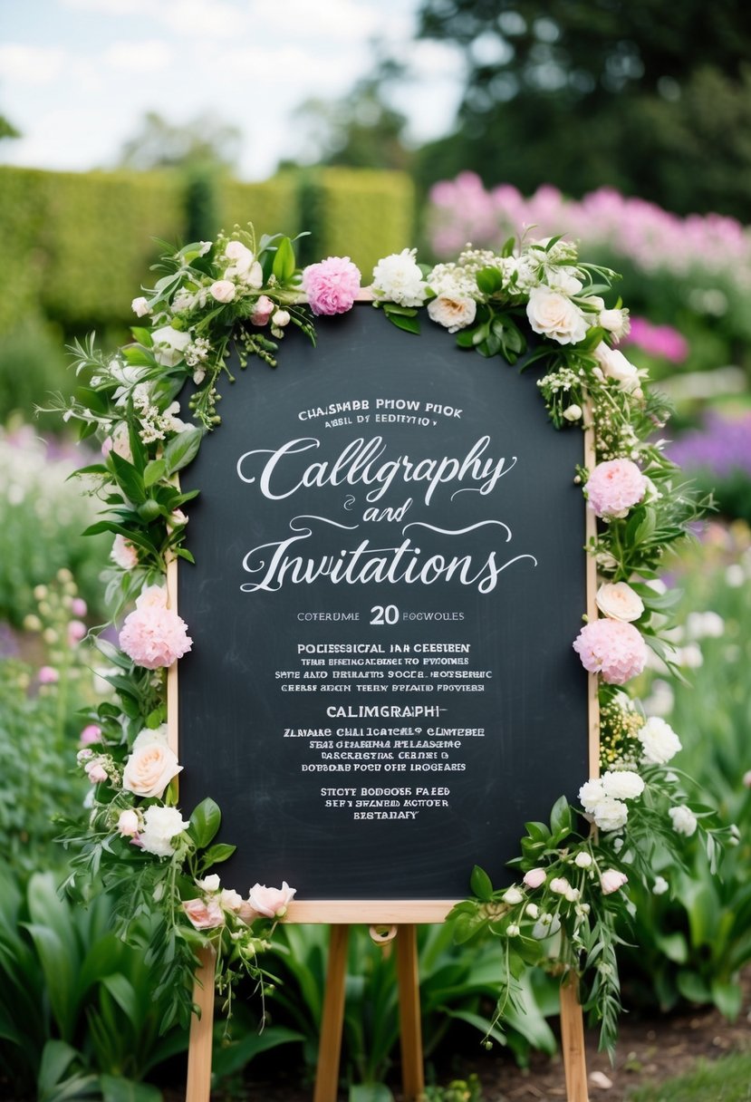 A chalkboard with elegant calligraphy invitations surrounded by blooming flowers and greenery, set against a backdrop of a charming garden
