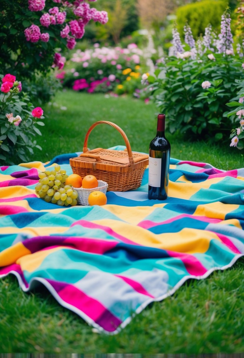 A colorful picnic blanket spread out in a lush garden, surrounded by blooming flowers and greenery, with a basket of fruits and a bottle of wine