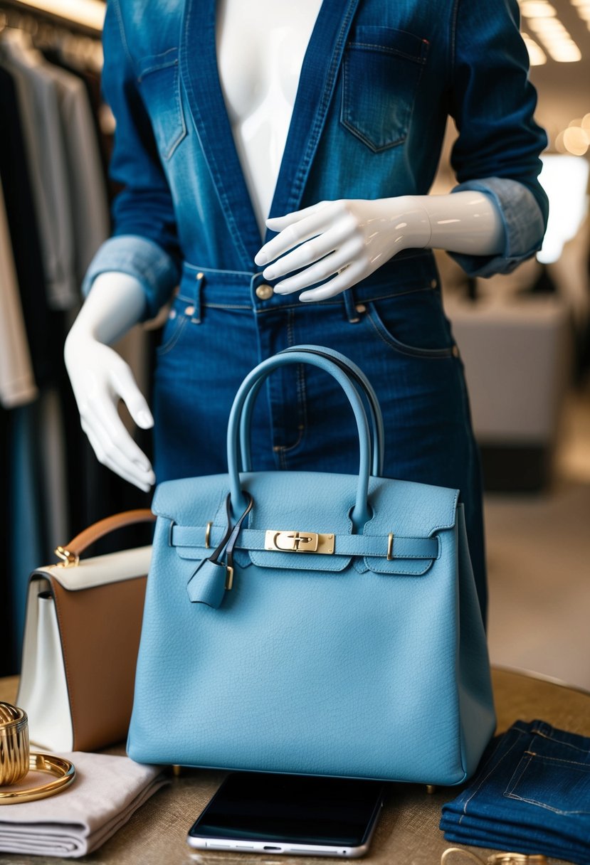 A denim-clad mannequin stands with a Hermes Garden Party 50 bag, surrounded by casual styling items