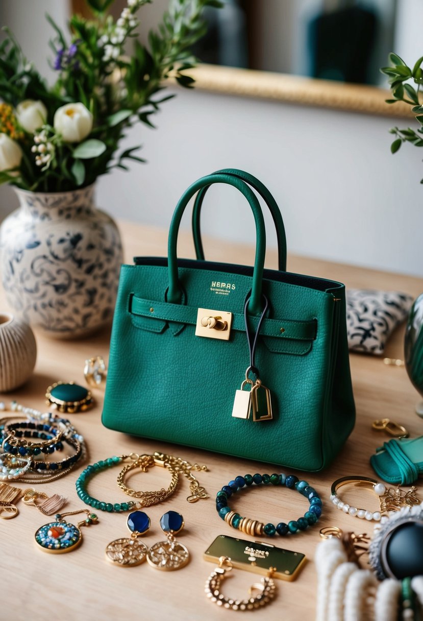 A cluttered table with bohemian jewelry, a Hermes Garden Party 50 bag, and various styling accessories