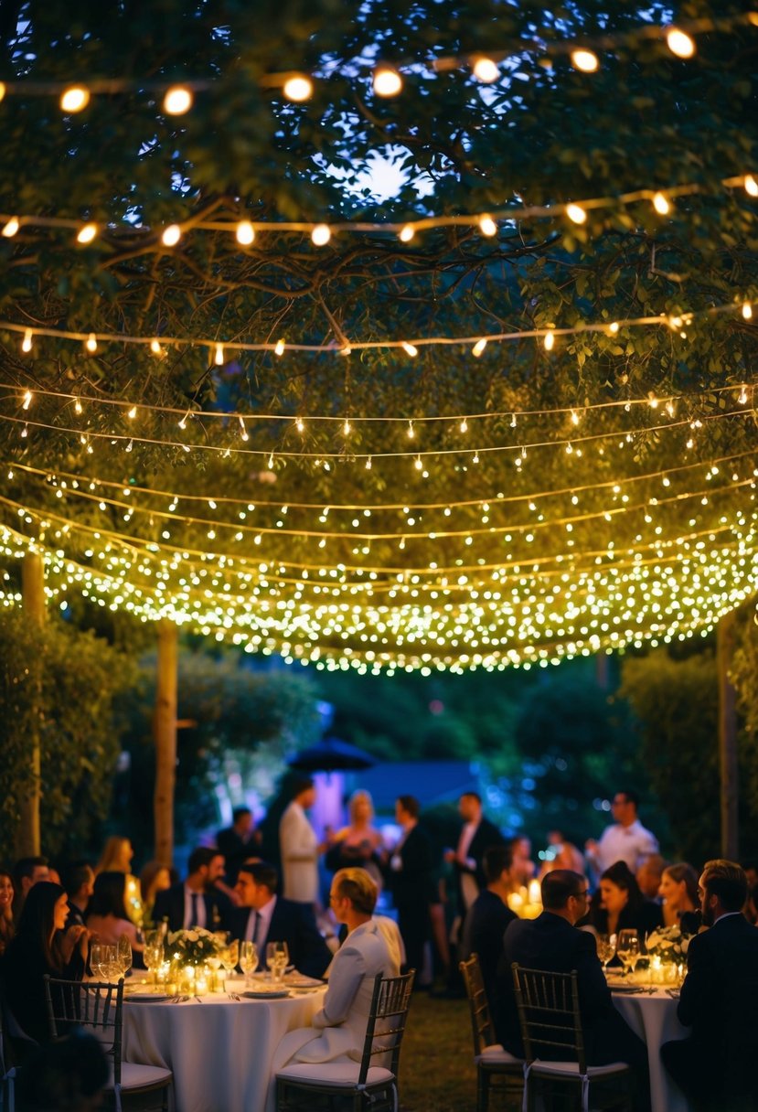 A garden adorned with a canopy of twinkling fairy lights, casting a warm and magical glow over the party below