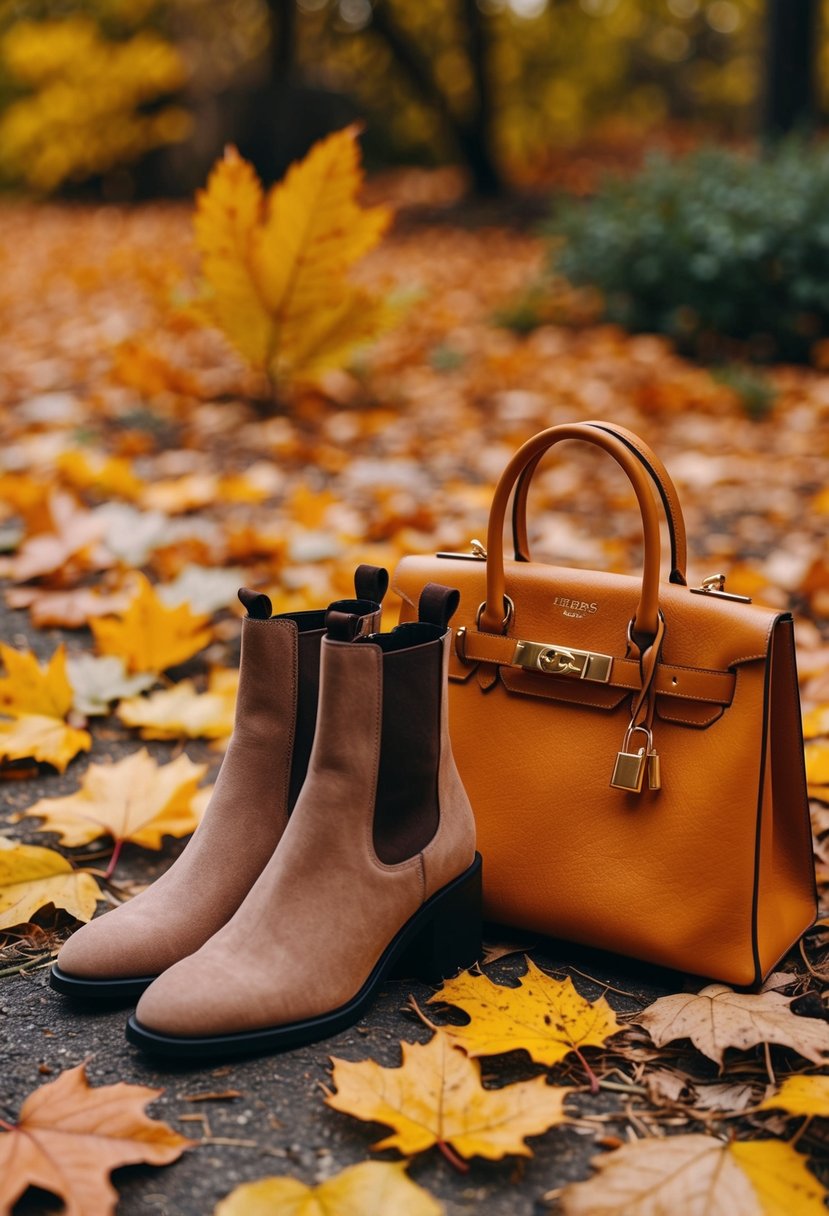 A cozy fall scene with a pair of ankle boots next to a stylish Hermes Garden Party 50 bag, surrounded by autumn leaves and warm colors