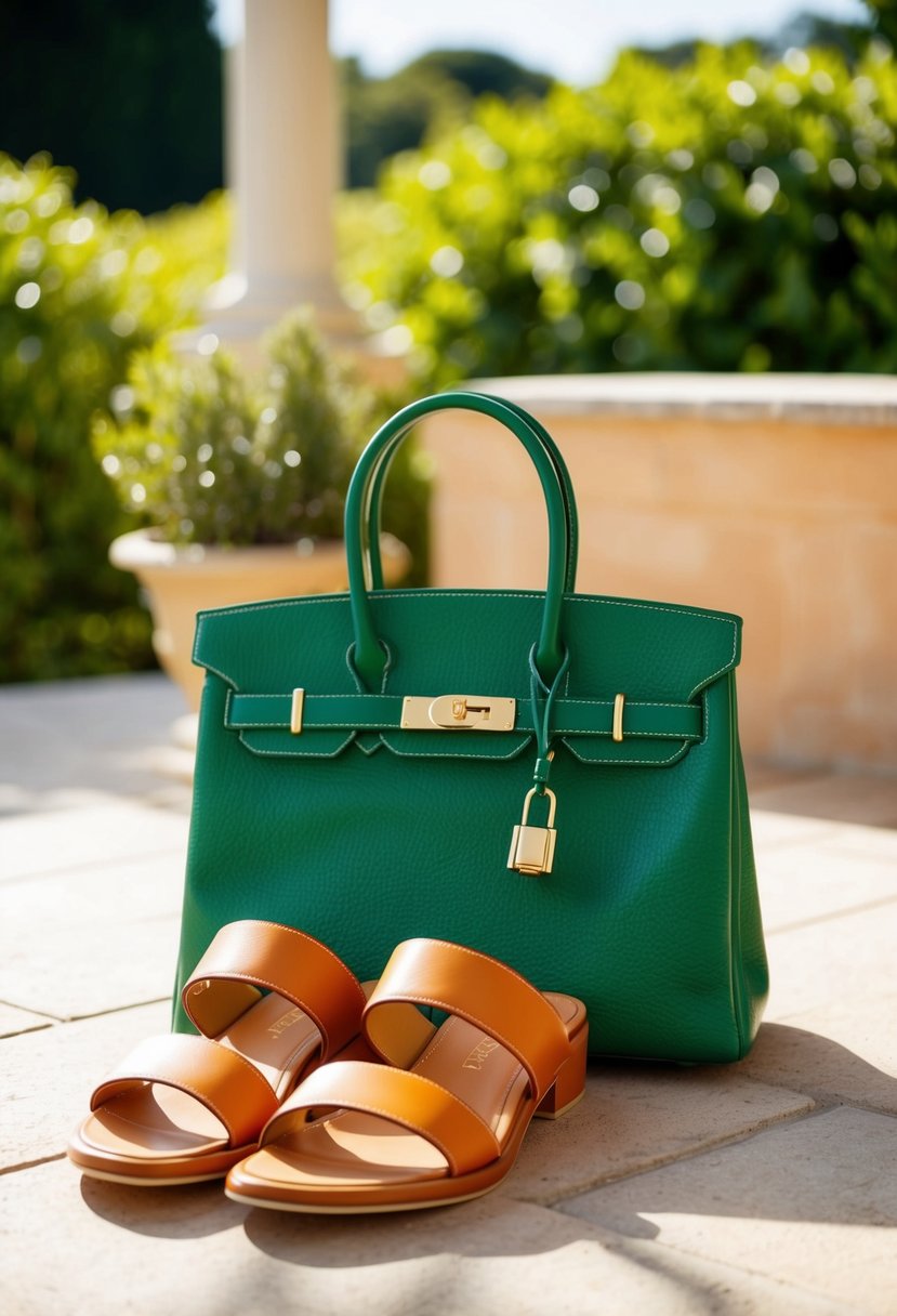 A pair of Hermès Oran sandals and a Hermès Garden Party 50 bag arranged on a sunlit patio with lush greenery in the background