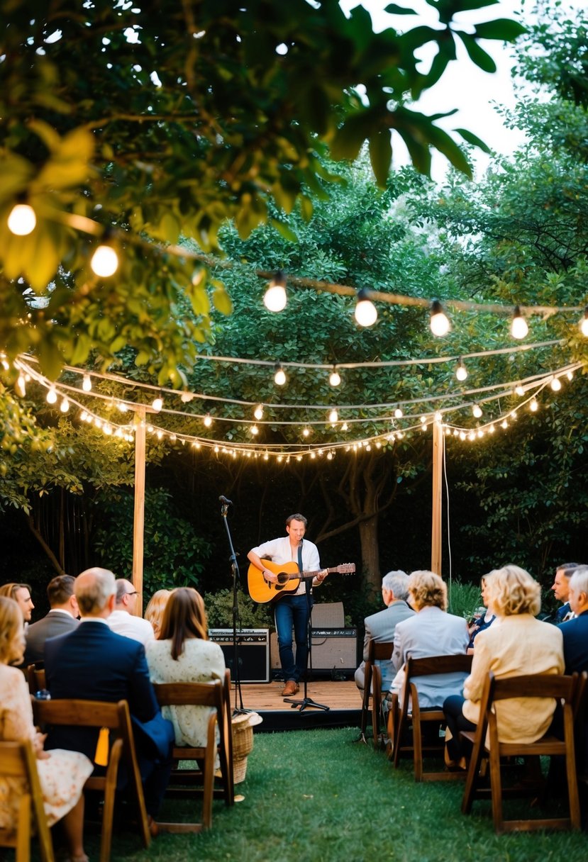 A cozy garden setting with string lights, a small stage, and intimate seating for 20 guests. A musician plays acoustic guitar under a canopy of trees