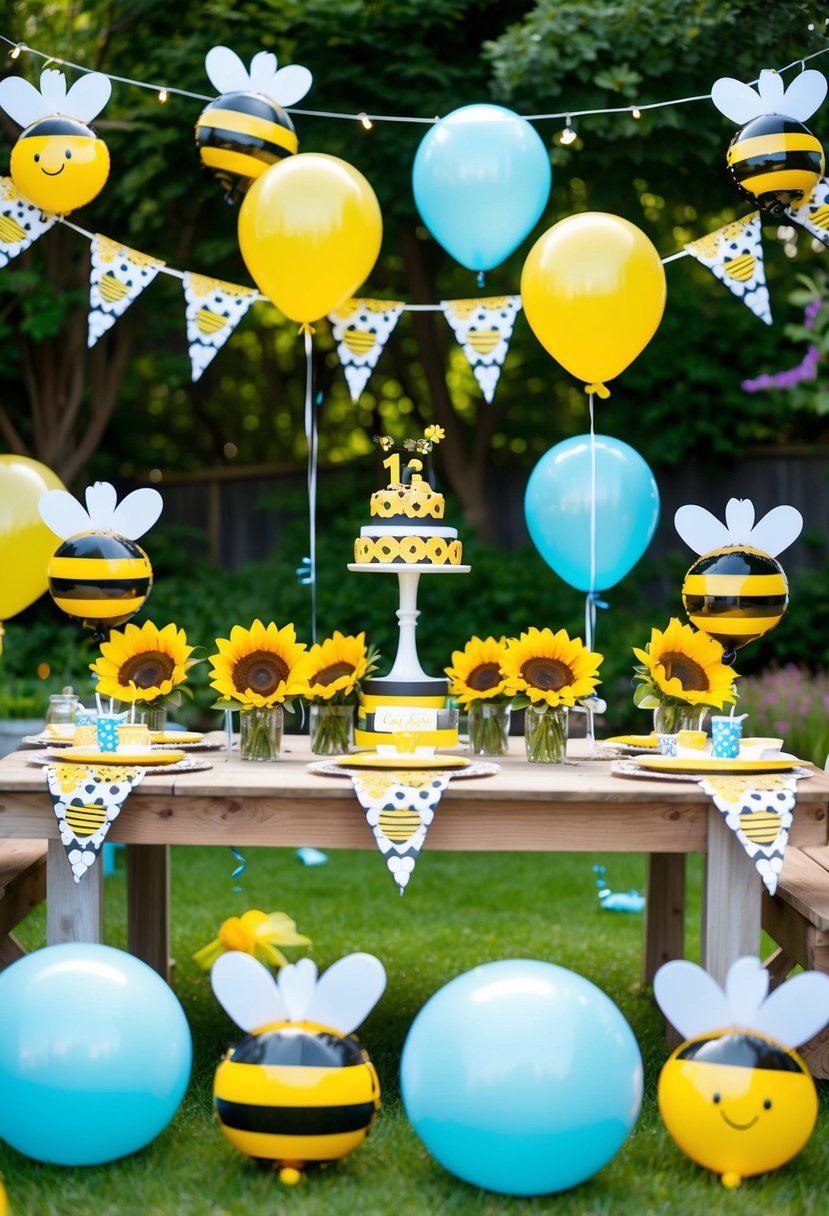 A garden filled with bee-themed decorations for a first birthday boy party. Honeycomb banners, sunflower centerpieces, and buzzing bee balloons create a festive atmosphere