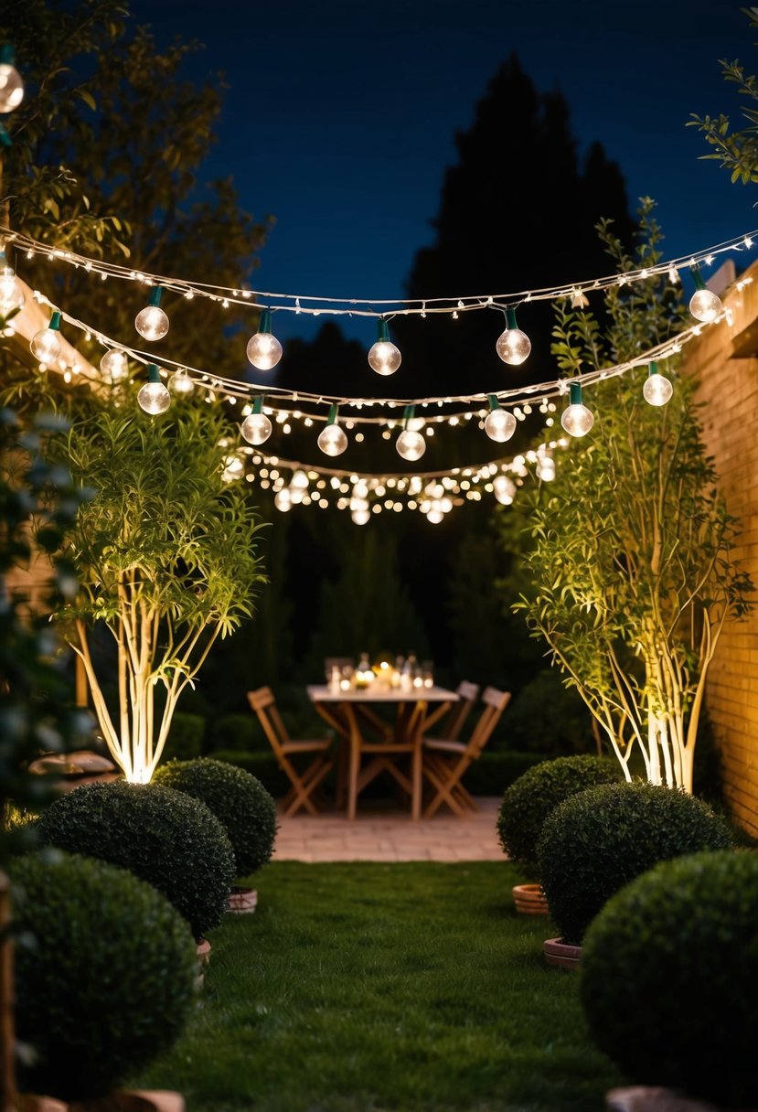 A cozy garden at night, adorned with globe string lights hanging from trees and wrapped around bushes, creating a warm and inviting atmosphere for a party