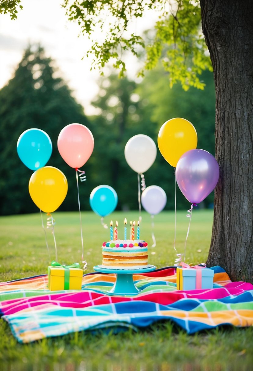 Colorful picnic blankets spread under a tree, surrounded by balloons and a birthday cake