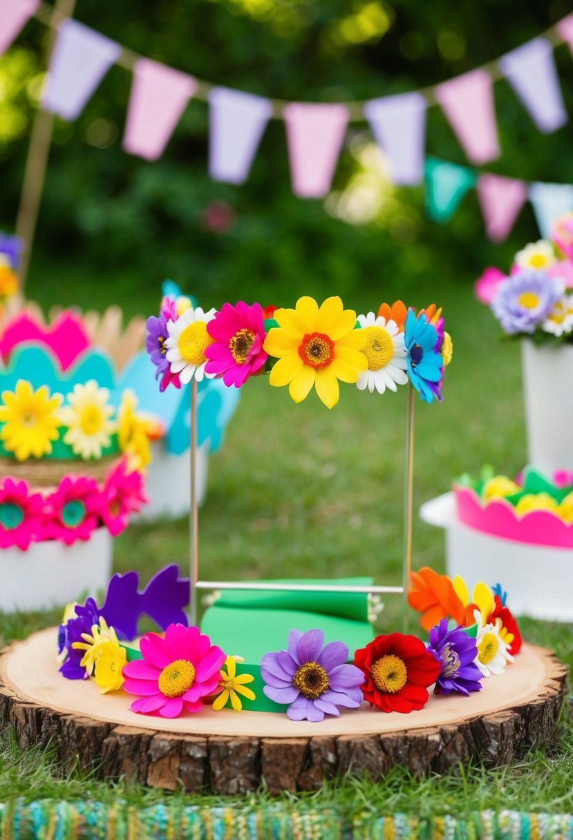 A colorful flower crown craft station at a garden party