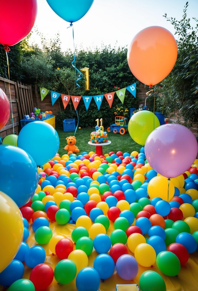 A colorful outdoor ball pit fills a garden, surrounded by balloons and toys for a first birthday boy's party