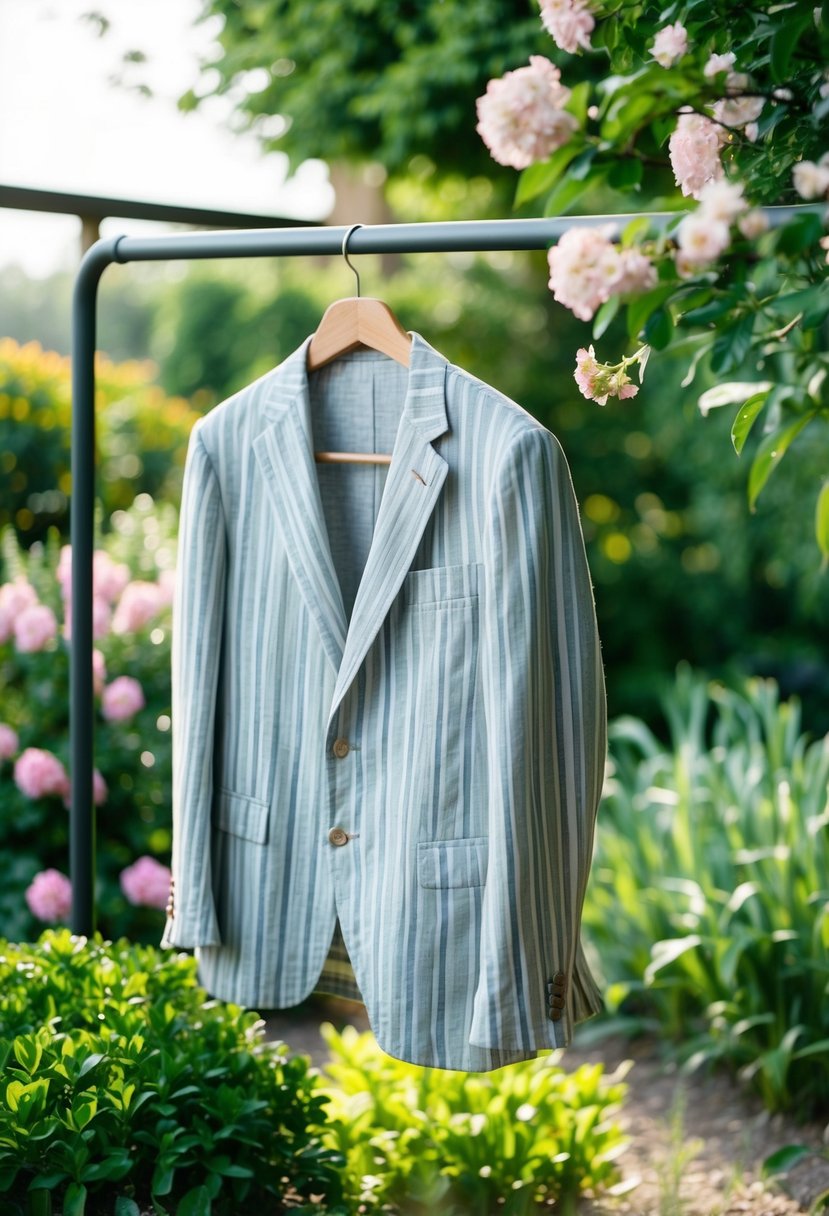 A man's linen blazer with stripes hangs on a hanger in a lush garden setting, surrounded by blooming flowers and greenery