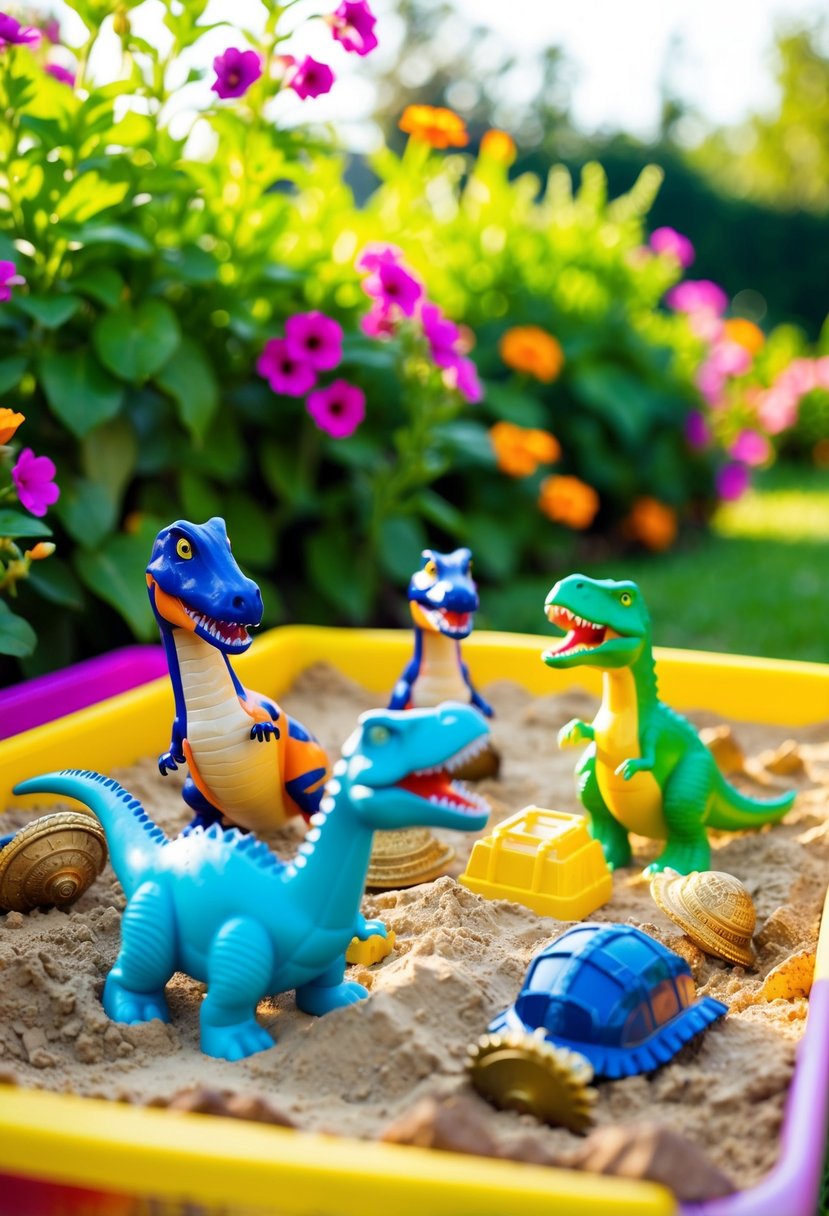 A colorful sandbox filled with toy dinosaurs and buried treasures, surrounded by lush greenery and vibrant flowers