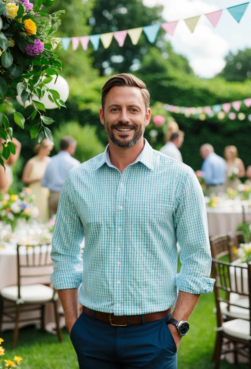 A man in a checked seersucker shirt stands in a garden party setting, surrounded by lush greenery and colorful flowers
