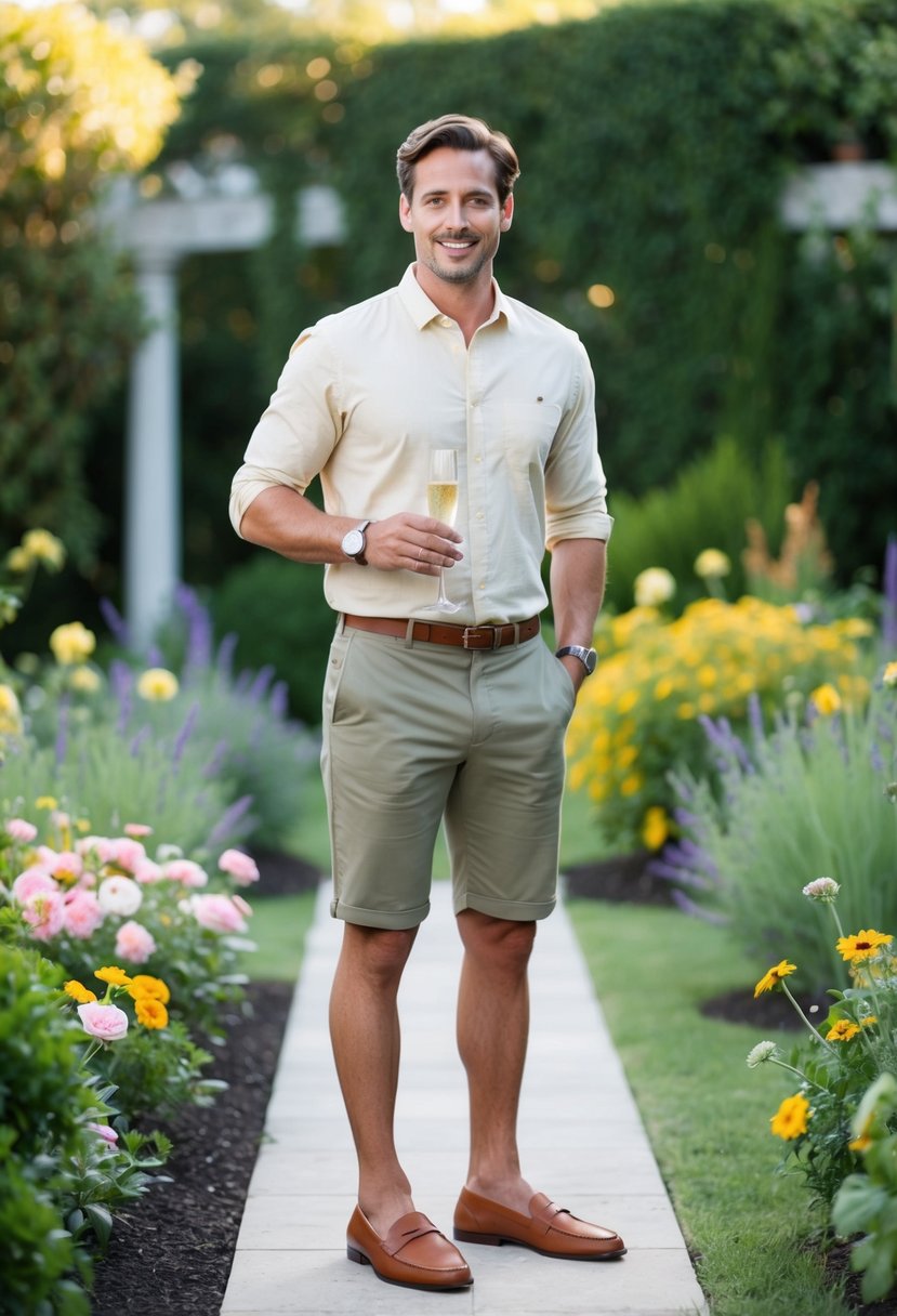 A man in khaki chino shorts, a light-colored button-up shirt, and brown loafers stands in a lush garden surrounded by flowers and greenery, holding a glass of champagne