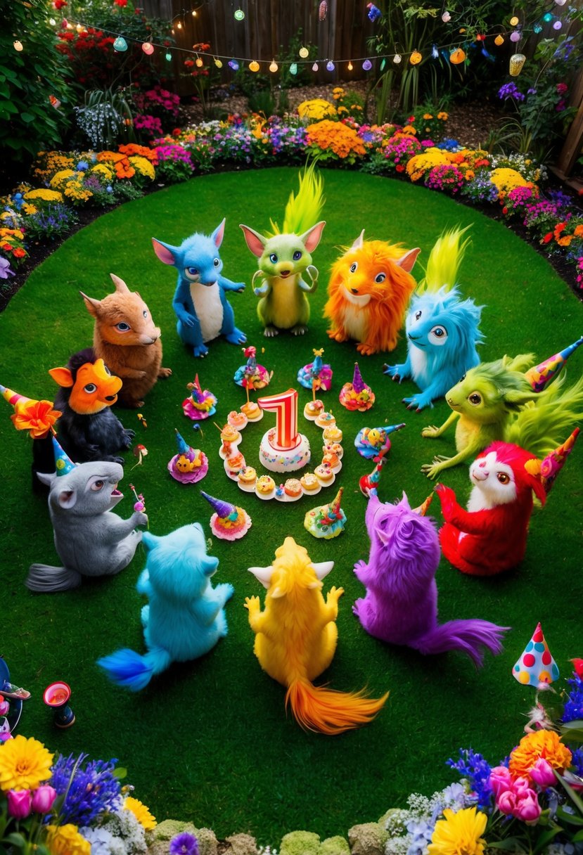 A circle of magical creatures gather in a lush garden for a first birthday celebration, surrounded by colorful flowers and whimsical decorations