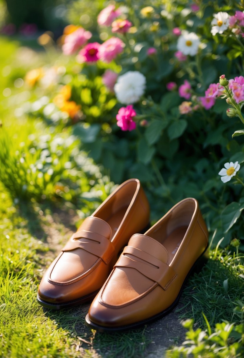 A pair of tan leather loafers sits on a grassy garden path, surrounded by blooming flowers and dappled sunlight