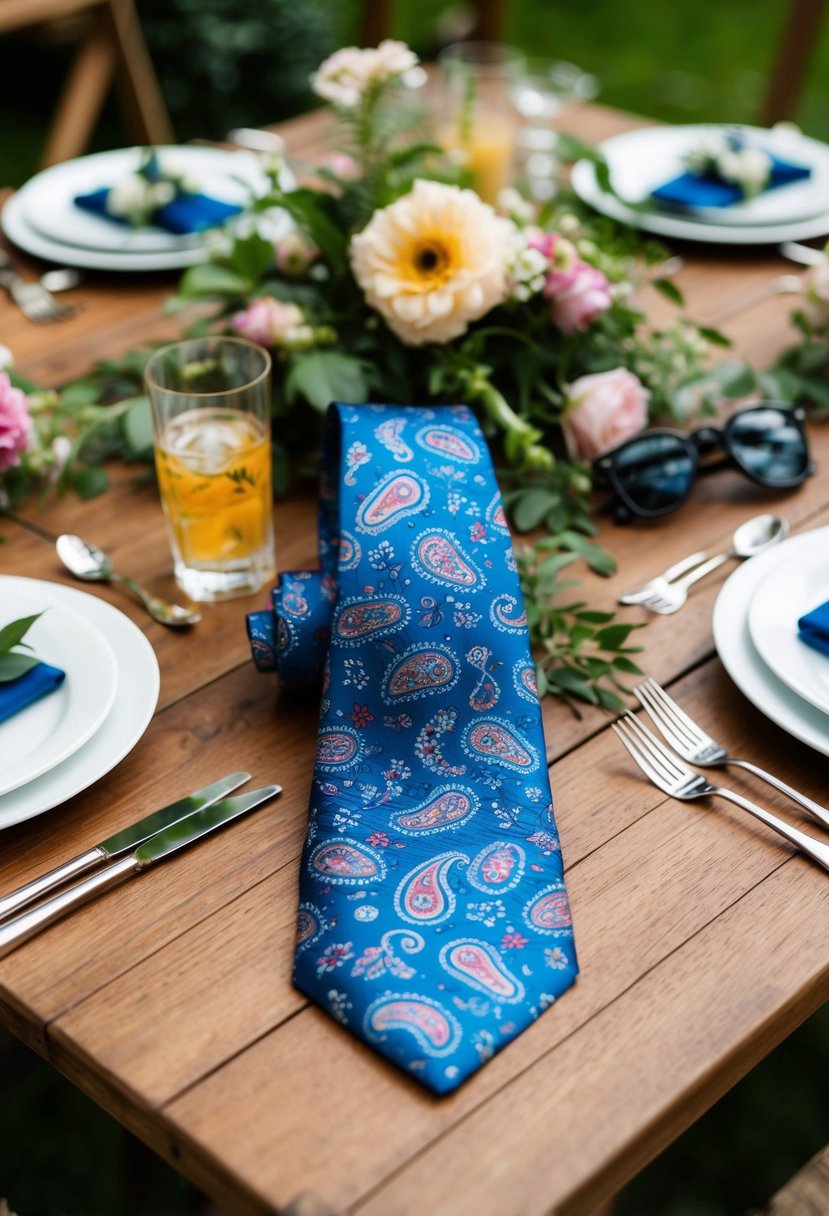 A paisley silk tie draped over a wooden table at a garden party, surrounded by scattered floral accents and other men's fashion accessories