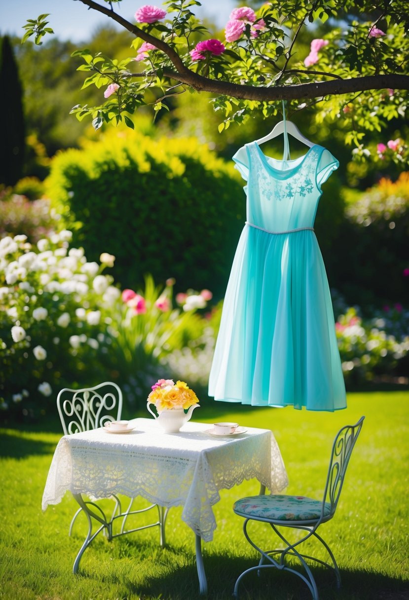 A sunny garden with blooming flowers, a quaint tea table with lace tablecloth, and a tea-length dress with cap sleeves hanging from a tree branch