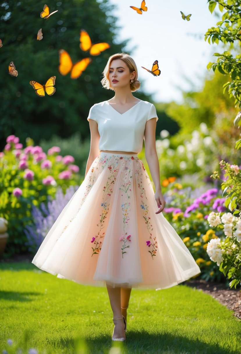 A lush garden with blooming flowers and fluttering butterflies, a delicate embroidered tulle midi skirt swirling in the breeze
