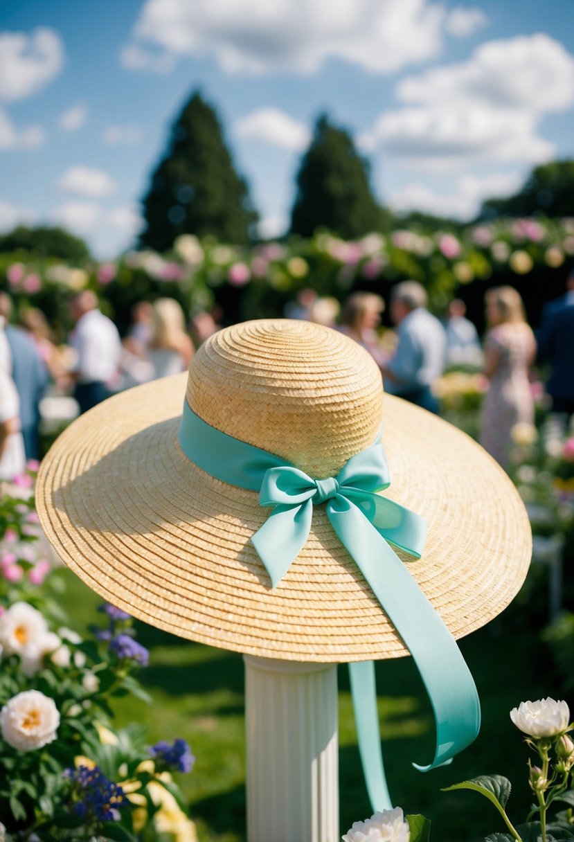A wide-brim straw hat adorned with a flowing ribbon, surrounded by blooming flowers and greenery at a garden party