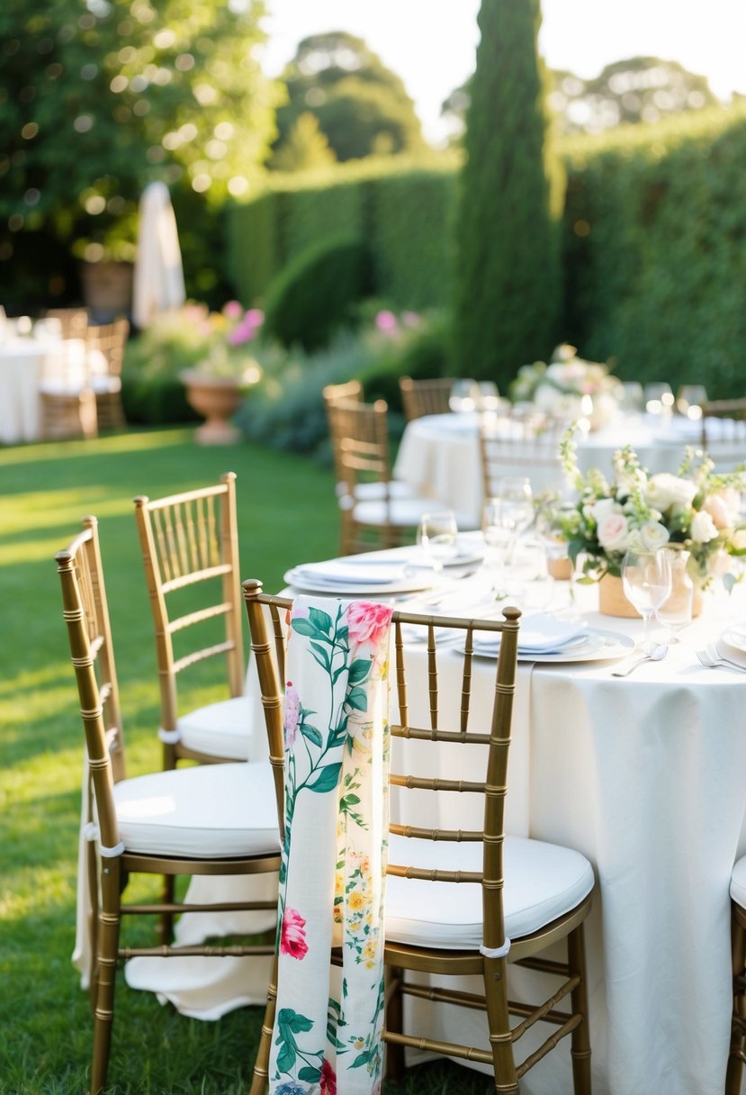 A garden party with a table set for a wedding, featuring a linen blazer with a floral print draped over the back of a chair