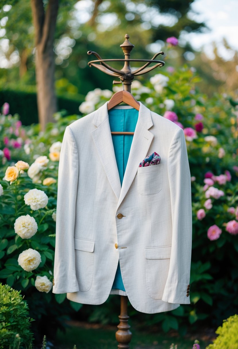 A linen blazer with a floral pocket square hangs on a vintage coat rack in a lush garden setting, surrounded by blooming flowers and greenery
