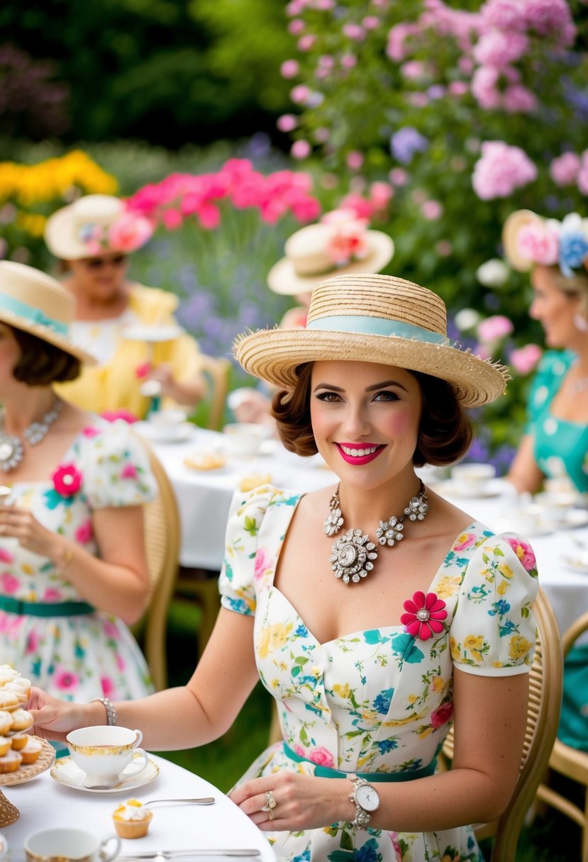 A garden party scene with vintage-inspired brooches adorning floral dresses and straw hats. Tables set with tea cups and pastries, surrounded by blooming flower beds