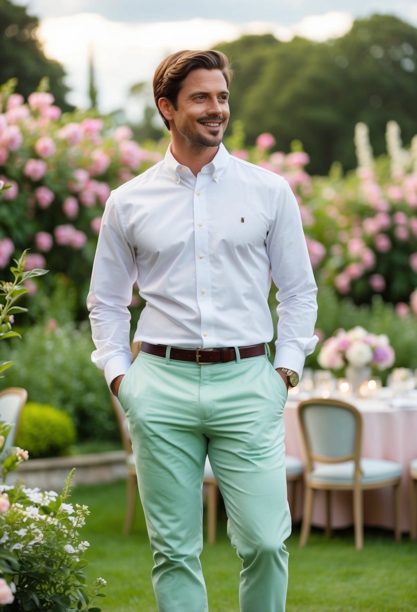 A garden party scene with pastel chinos and a white oxford shirt, set against a backdrop of blooming flowers and elegant outdoor furniture