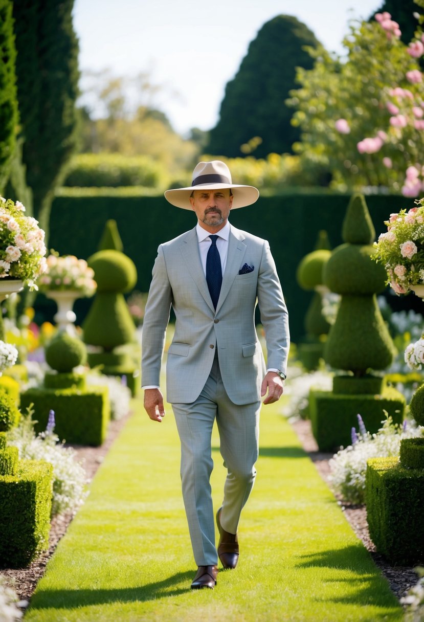 A man in a wide-brimmed fedora and light gray suit strolls through a lush garden, surrounded by blooming flowers and elegant topiaries