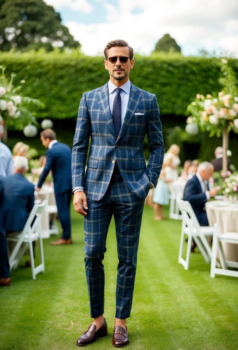 A plaid suit with leather loafers stands out in a lush garden party setting