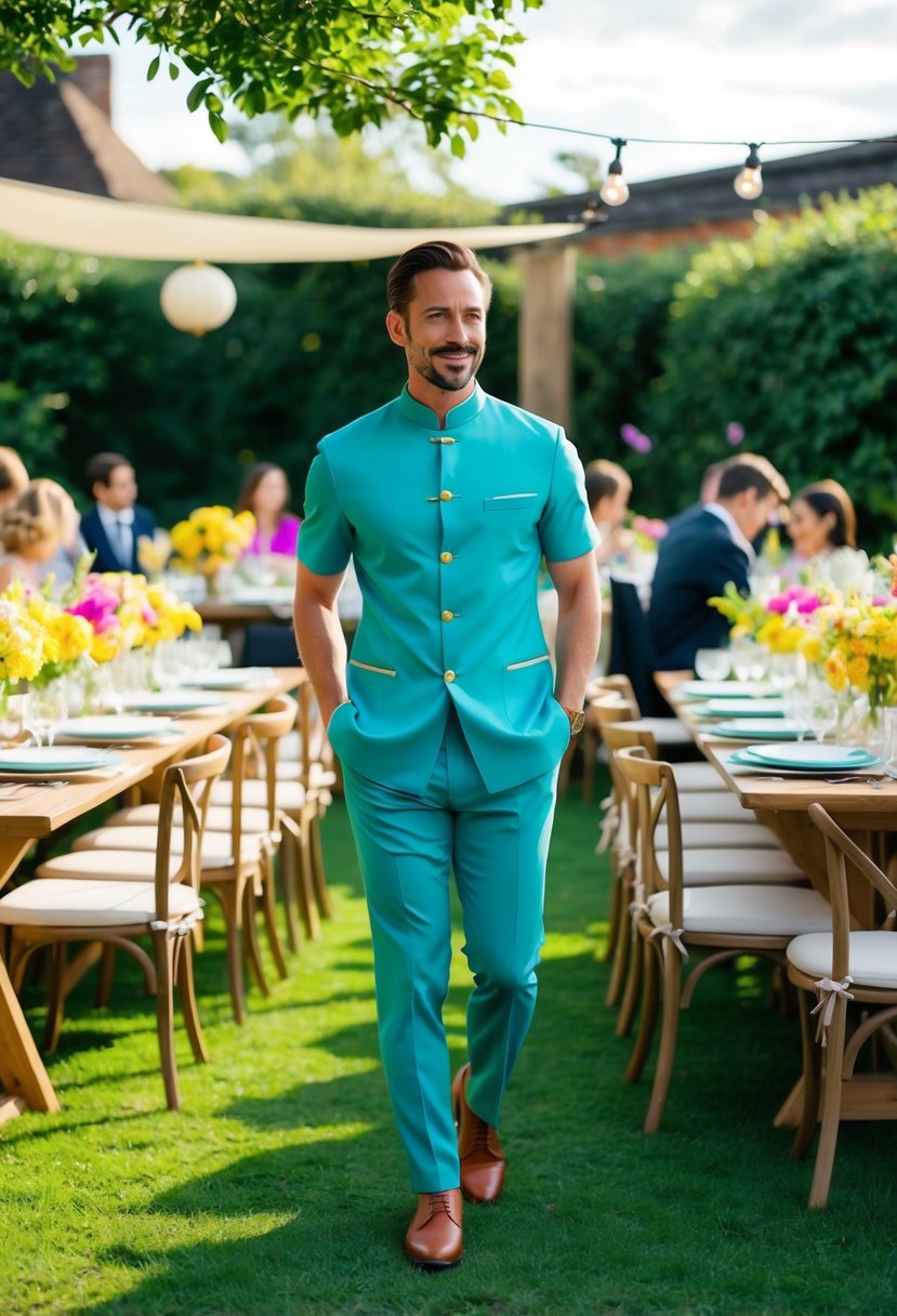 A vibrant garden party scene with a table set for a stylish gathering, featuring a short-sleeved Mandarin collar shirt suit