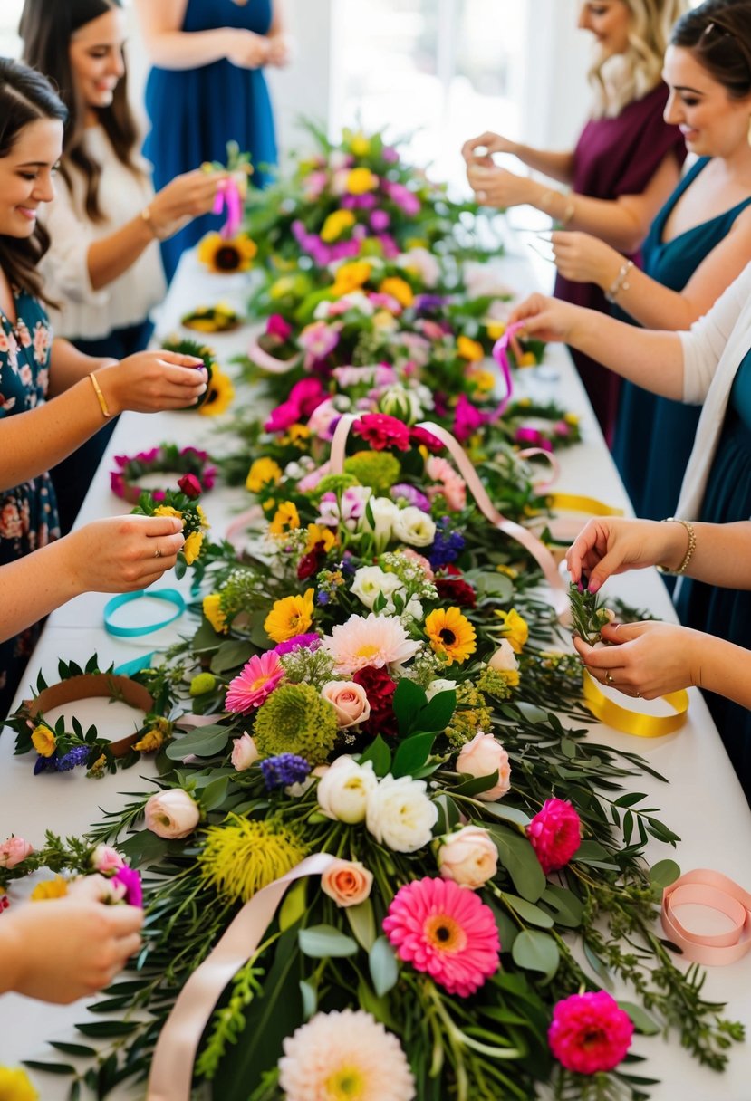 A colorful array of fresh flowers, ribbons, and greenery arranged on a table, surrounded by eager party guests creating their own unique flower crowns