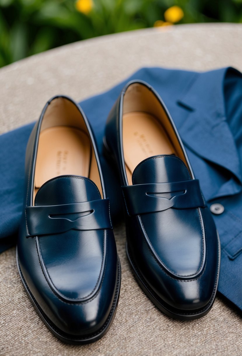 A pair of loafers with no-show socks placed next to a stylish garden party suit