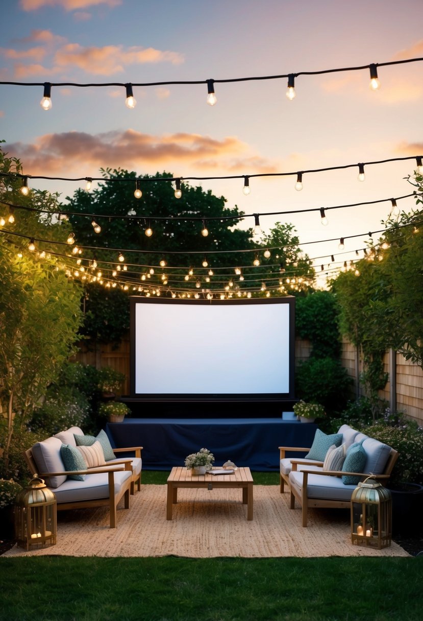 A cozy garden with string lights, a large screen, and comfortable seating arranged for an outdoor movie night