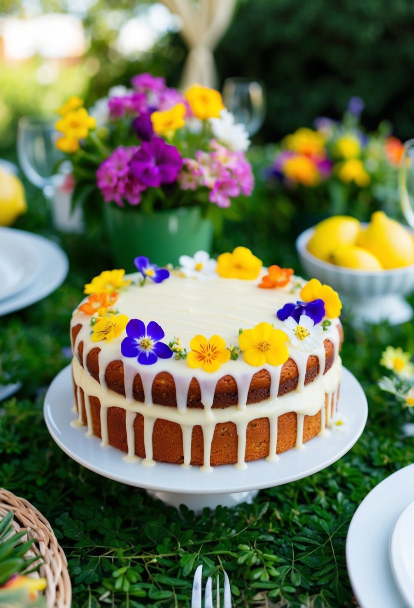 A lemon drizzle cake adorned with colorful edible flowers, set amidst a lush garden party scene