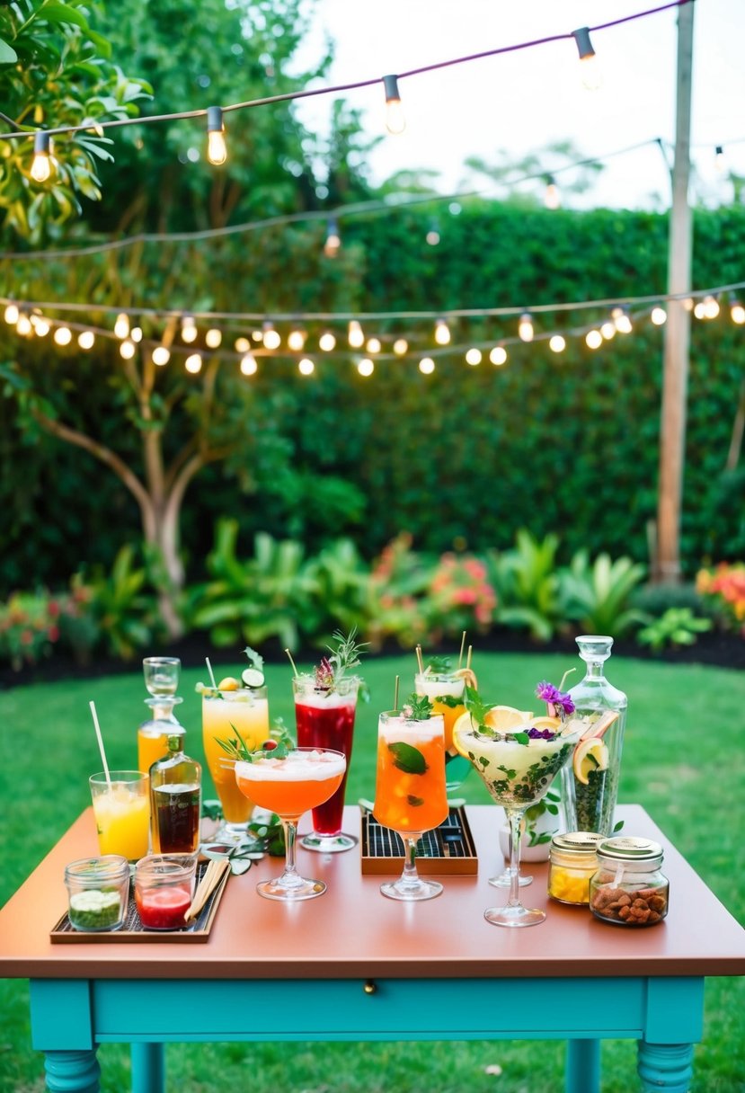 A colorful outdoor cocktail station set up with various ingredients, garnishes, and glassware, surrounded by lush greenery and twinkling string lights