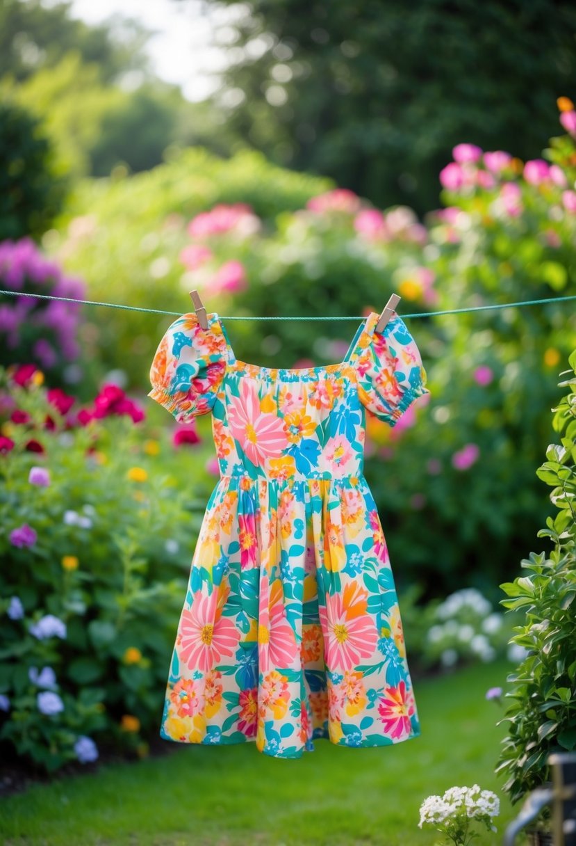 A colorful floral sundress hangs on a vintage clothesline in a lush garden, surrounded by blooming flowers and greenery