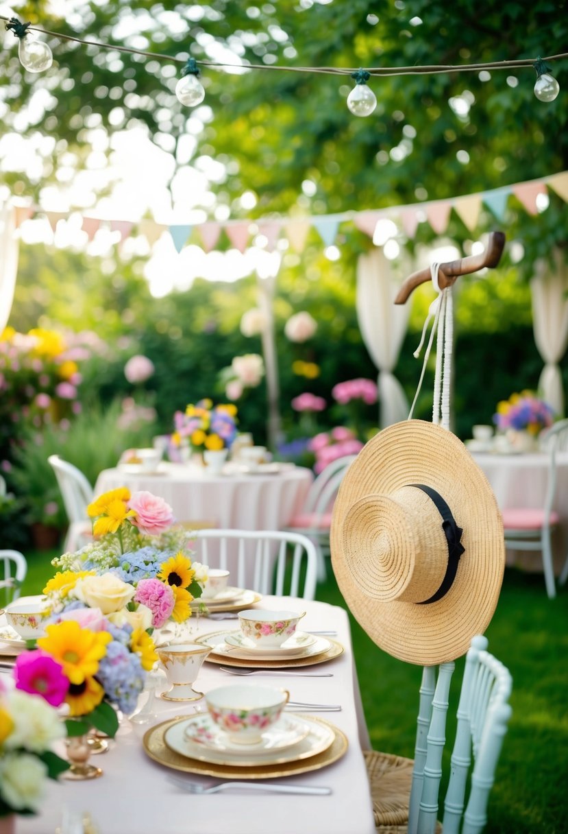 A garden party scene with a table set with colorful flowers, vintage teacups, and a wide-brim straw hat hanging from a chair
