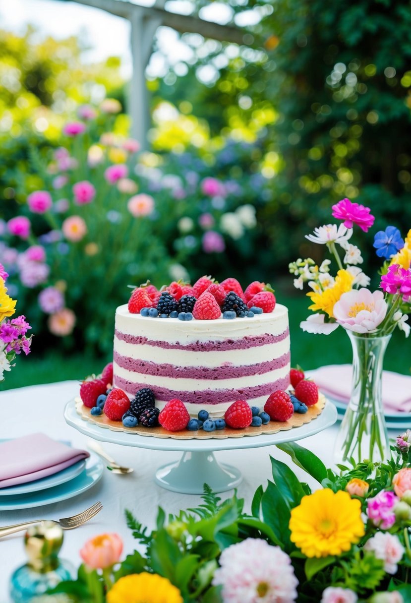A lush garden setting with a table adorned with a Berry Chantilly Cake, surrounded by colorful flowers and delicate pastel decorations