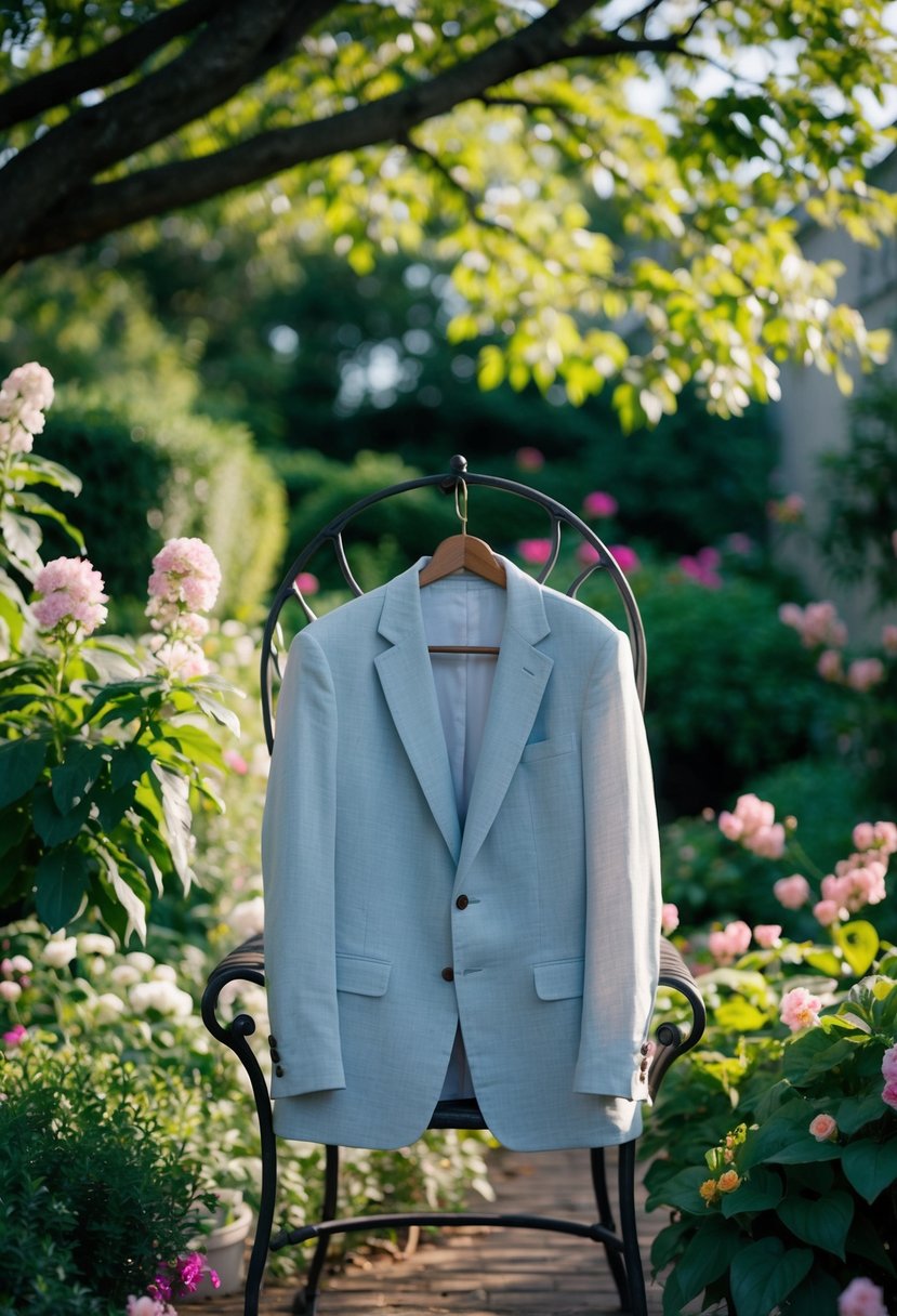 A linen blazer hangs on a wrought iron chair in a lush garden, surrounded by blooming flowers and dappled sunlight