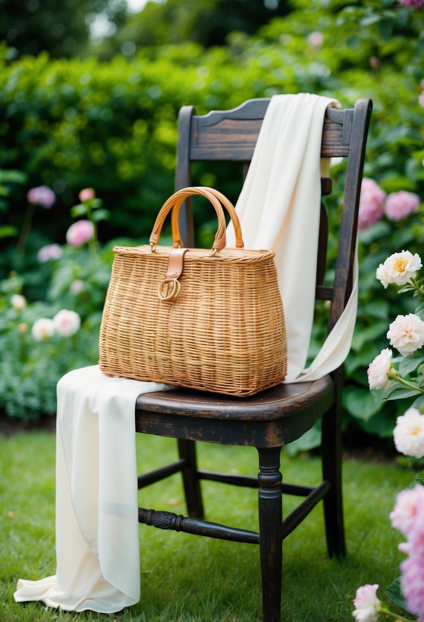 A wicker handbag sits on a vintage wooden chair in a lush garden, surrounded by blooming flowers and draped with flowy, feminine clothing