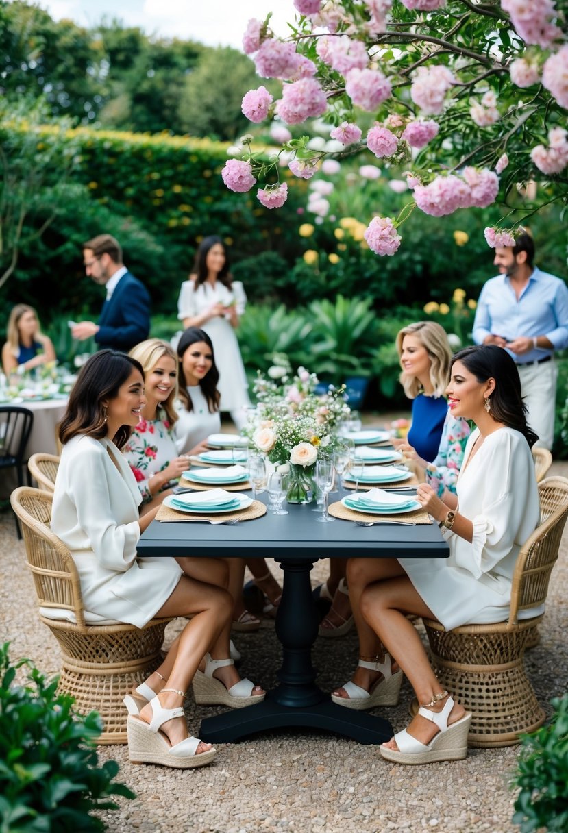 A lush garden with blooming flowers and a table set with elegant tableware, surrounded by people wearing stylish espadrille wedges