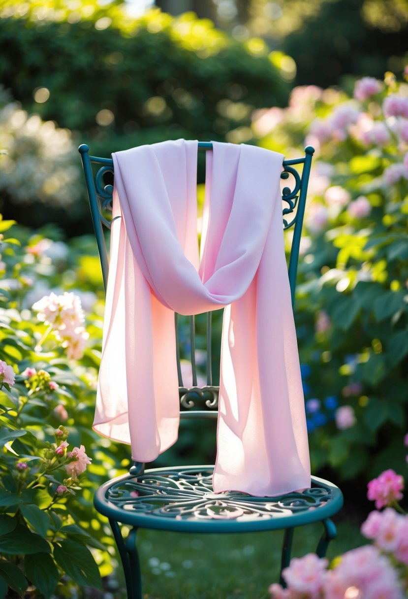 A delicate pastel chiffon scarf draped over a wrought iron chair in a lush garden setting, surrounded by blooming flowers and dappled sunlight
