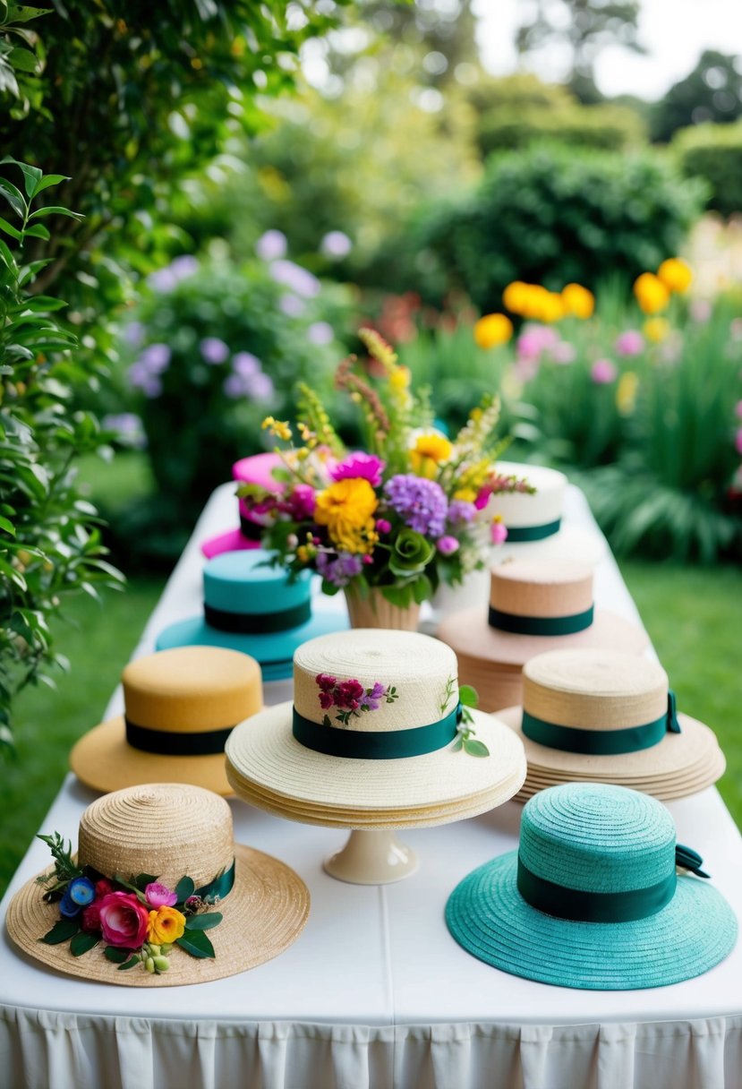 A garden party scene with a variety of floral fascinator hats displayed on a table, surrounded by lush greenery and colorful flowers